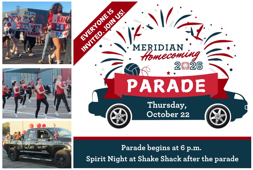 Homecoming Parade: Thursday, Oct. 22 at 6 pm. Spirit Night at Shake Shack after.